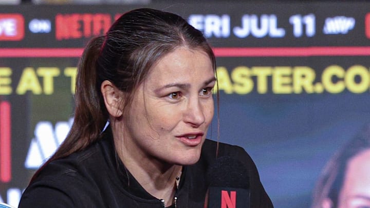 Apr 9, 2025; New York, New York, USA; Katie Taylor speaks during a press conference ahead of a boxing match against Amanda Serrano at Madison Square Garden. Mandatory Credit: Vincent Carchietta-Imagn Images