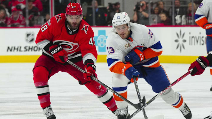 Apr 25, 2023; Raleigh, North Carolina, USA; New York Islanders center Mathew Barzal (13) skates with