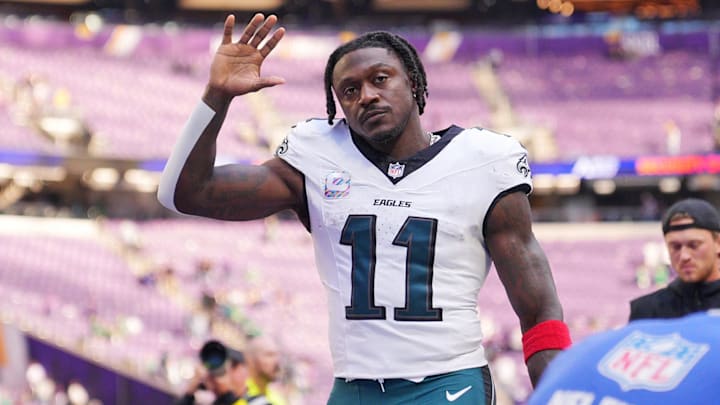 Oct 19, 2025; Minneapolis, Minnesota, USA; Philadelphia Eagles wide receiver A.J. Brown (11) waves to the fans after the game against the Minnesota Vikings at U.S. Bank Stadium. Mandatory Credit: Brad Rempel-Imagn Images