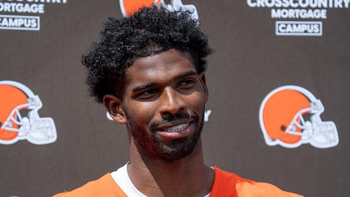 Shedeur Sanders answers media questions at the end of the Browns mini camp in Berea on April 21, 2026.
