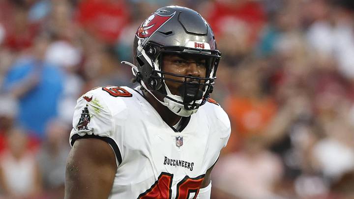 Aug 13, 2022; Tampa, Florida, USA; Tampa Bay Buccaneers linebacker Cam Gill (49) celebrates after he sacked Miami Dolphins quarterback Skylar Thompson (19)(not pictured) during the first quarter at Raymond James Stadium. Mandatory Credit: Kim Klement-Imagn Images Aug 13, 2022; Tampa, Florida, USA; Tampa Bay Buccaneers linebacker Cam Gill (49) celebrates after he sacked Miami Dolphins quarterback Skylar Thompson (19)(not pictured) during the first quarter at Raymond James Stadium. Mandatory Credit: Kim Klement-Imagn Images