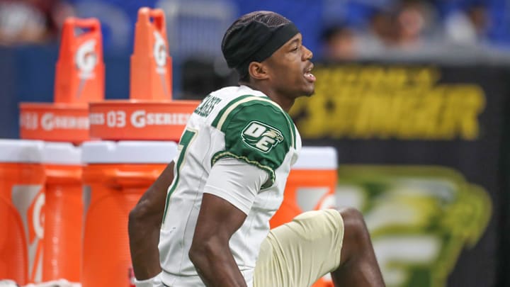 DeSoto's Ethan Feaster warms up after halftime during Friday's game at the Alamodome on Sept. 13, 2024, in San Antonio, Texas.