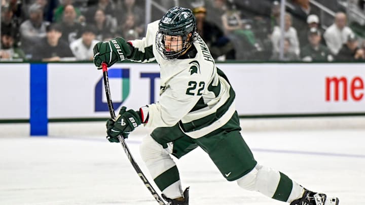 Michigan State's Isaac Howard takes a shot at the goal against Notre Dame during the second period in the Big Ten tournament on Saturday, March 15, 2025, at Muni Arena in East Lansing.