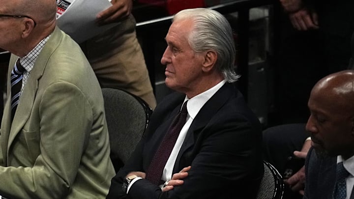 Jun 9, 2023; Miami, Florida, USA; Miami Heat president Pat Riley looks on during the second half in Jun 9, 2023; Miami, Florida, USA; Miami Heat president Pat Riley looks on during the second half in