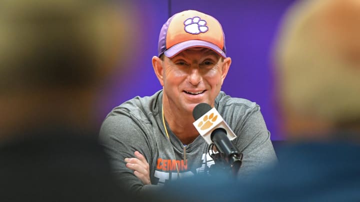 Clemson Head Coach Dabo Swinney speaks with media before the first day of Spring practice at the Poe Indoor Practice Facility at the Allen N. Reeves football complex in Clemson S.C. Wednesday, February 28, 2024. Clemson Head Coach Dabo Swinney speaks with media before the first day of Spring practice at the Poe Indoor Practice Facility at the Allen N. Reeves football complex in Clemson S.C. Wednesday, February 28, 2024.