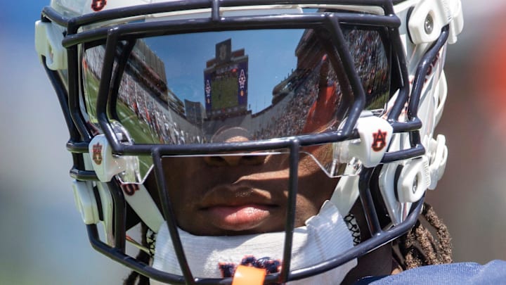 Auburn Tigers wide receiver Cam Coleman (8) looks on during Auburn Tigers A-Day football practice at Jordan-Hare Stadium in Auburn, Ala., on Saturday, April 12, 2025.