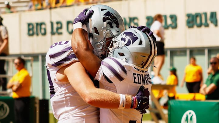 Kansas State Wildcats running back Dylan Edwards (3) celebrates with offensive lineman Will Anciaux (80) after scoring a touchdown against the Baylor Bears