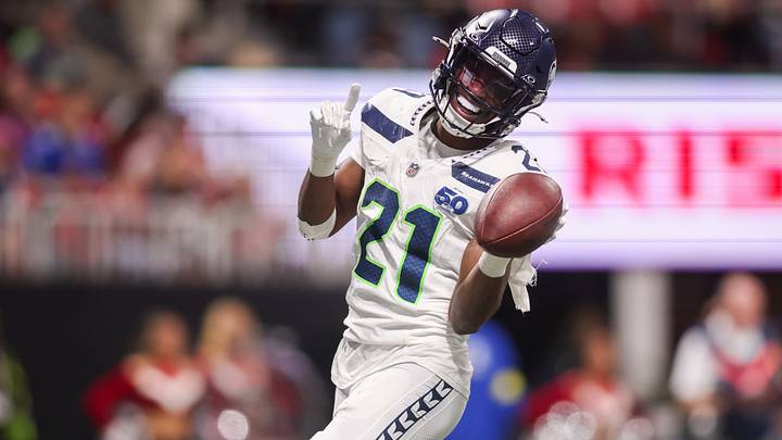 Seattle Seahawks cornerback Devon Witherspoon (21) celebrates after a fumble recovery against the Atlanta Falcons. Seattle Seahawks cornerback Devon Witherspoon (21) celebrates after a fumble recovery against the Atlanta Falcons.