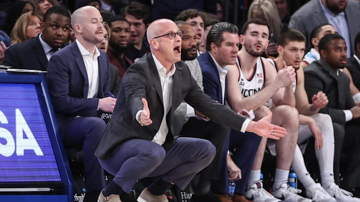 Dec 14, 2024; New York, New York, USA; Connecticut Huskies head coach Dan Hurley reacts to a call in the first half against the Gonzaga Bulldogs at Madison Square Garden. Mandatory Credit: Wendell Cruz-Imagn Images
