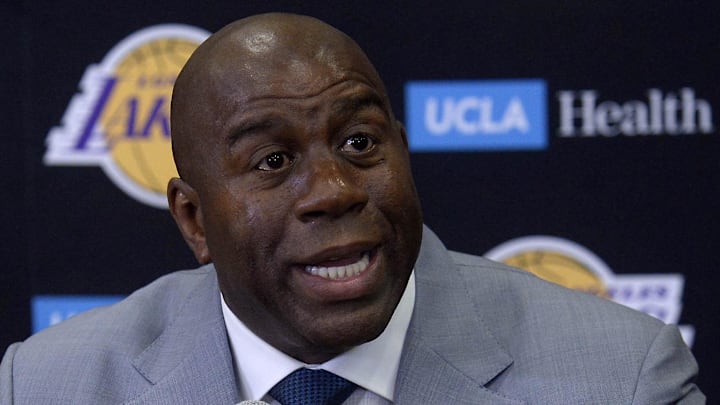 June 23, 2017; Los Angeles, CA, USA: Los Angeles Lakers president of basketball operations Magic Johnson speaks to media before introducing newly drafted player Lonzo Ball at Toyota Sports Center. Mandatory Credit: Gary A. Vasquez-Imagn Images