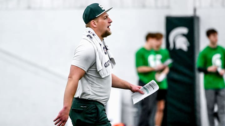 Michigan State's co-defensive coordinator/linebackers coach Max Bullough instructs players during spring football practice on Tuesday, March 24, 2026, in East Lansing.