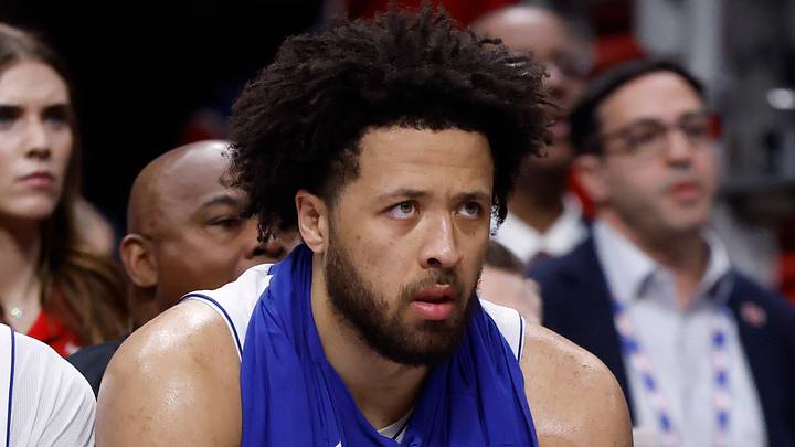 May 7, 2026; Detroit, Michigan, USA; Detroit Pistons guard Cade Cunningham (2) sits on the bench in the first half against the Cleveland Cavaliers during game two of the second round of the 2026 NBA Playoffs at Little Caesars Arena. Mandatory Credit: Rick Osentoski-Imagn Images
