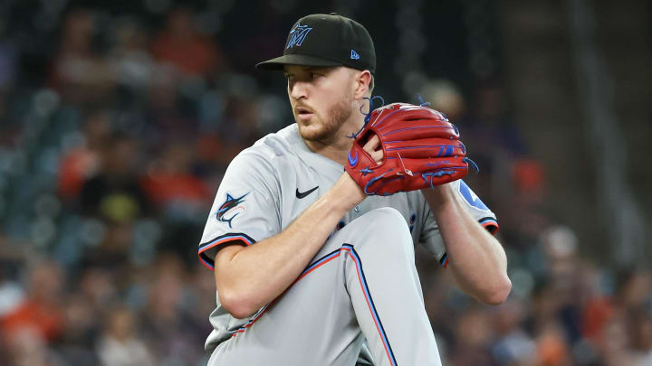 Jul 9, 2024; Houston, Texas, USA; Miami Marlins starting pitcher Trevor Rogers (28) pitches against the Houston Astros in the second inning at Minute Maid Park Jul 9, 2024; Houston, Texas, USA; Miami Marlins starting pitcher Trevor Rogers (28) pitches against the Houston Astros in the second inning at Minute Maid Park