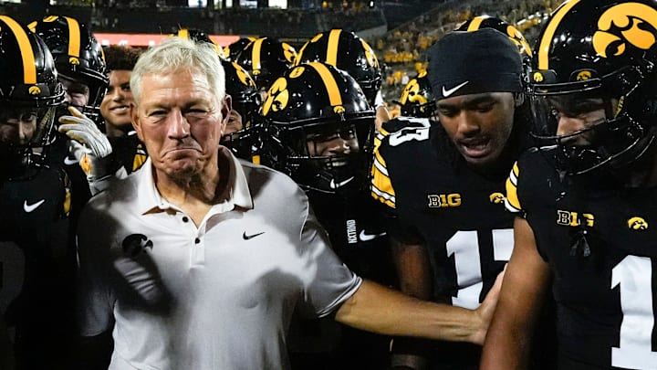 Iowa Hawkeyes head coach Kirk Ferentz reacts after becoming the winningest coach in Big Ten history, passing Woody Hayes, with a win over the Massachusetts Minutemen Sept. 13, 2025 at Kinnick Stadium in Iowa City, Iowa.