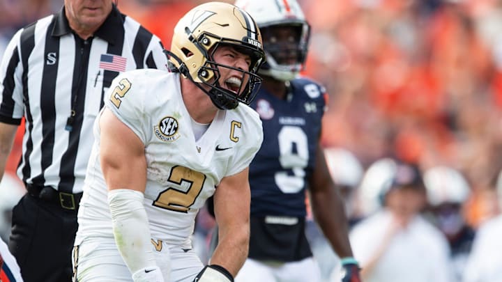 Vanderbilt Commodores quarterback Diego Pavia (2) celebrates a first down as Auburn Tigers take on Vanderbilt Commodores at Jordan-Hare Stadium in Auburn, Ala., on Saturday, Nov. 2, 2024. The Vanderbilt Commodores defeated Auburn Tigers 17-7.