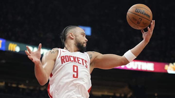 Dec 22, 2024; Toronto, Ontario, CAN; Houston Rockets forward Dillon Brooks (9) comes down with a rebound against the Toronto Raptors during the first half at Scotiabank Arena. Mandatory Credit: John E. Sokolowski-Imagn Images