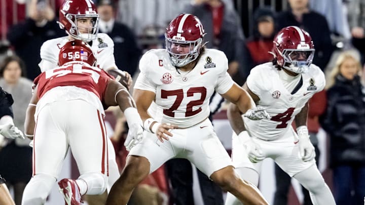 Dec 19, 2025; Norman, OK, USA; Alabama Crimson Tide offensive lineman Parker Brailsford (72) against the Oklahoma Sooners during the CFP National Playoff First Round at Gaylord Family Oklahoma Memorial Stadium. Mandatory Credit: Mark J. Rebilas-Imagn Images