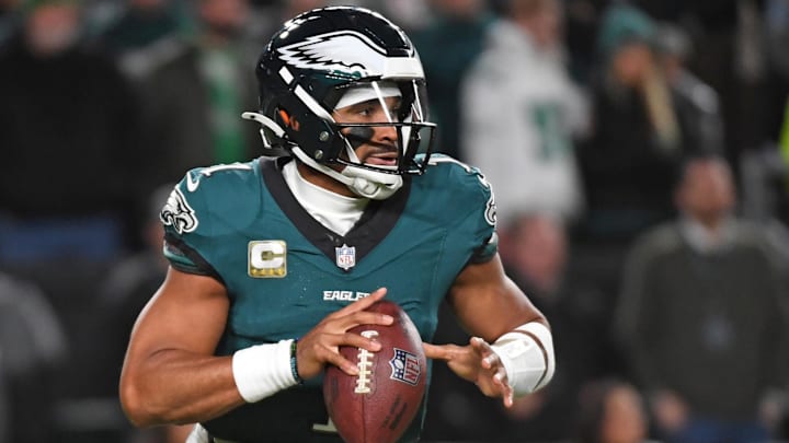 Nov 14, 2024; Philadelphia, Pennsylvania, USA; Philadelphia Eagles quarterback Jalen Hurts (1) against the Washington Commanders at Lincoln Financial Field. Mandatory Credit: Eric Hartline-Imagn Images Nov 14, 2024; Philadelphia, Pennsylvania, USA; Philadelphia Eagles quarterback Jalen Hurts (1) against the Washington Commanders at Lincoln Financial Field. Mandatory Credit: Eric Hartline-Imagn Images