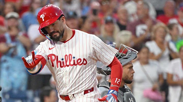 Sep 23, 2025; Philadelphia, Pennsylvania, USA; Philadelphia Phillies outfielder Kyle Schwarber (12) celebrates his home run.