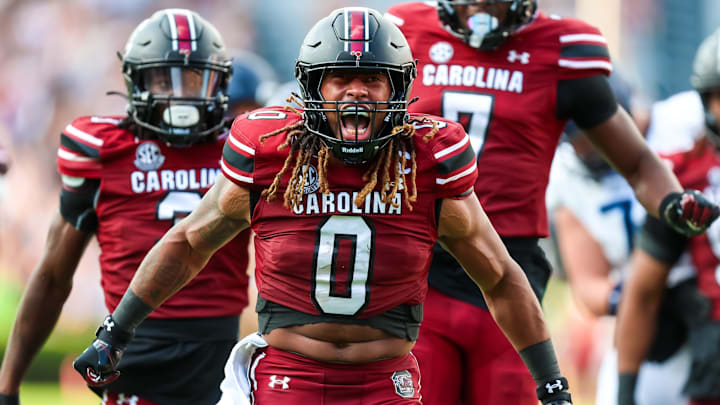 South Carolina football linebacker Debo Williams celebrating after a big hit earlier this season