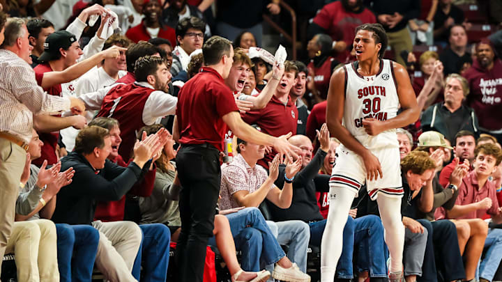 Dec 17, 2024; Columbia, South Carolina, USA; South Carolina Gamecocks forward Collin Murray-Boyles (30) celebrates a play against the Clemson Tigers in the second half of South Carolina’s 91-88 overtime win at Colonial Life Arena. Mandatory Credit: Jeff Blake-Imagn Images