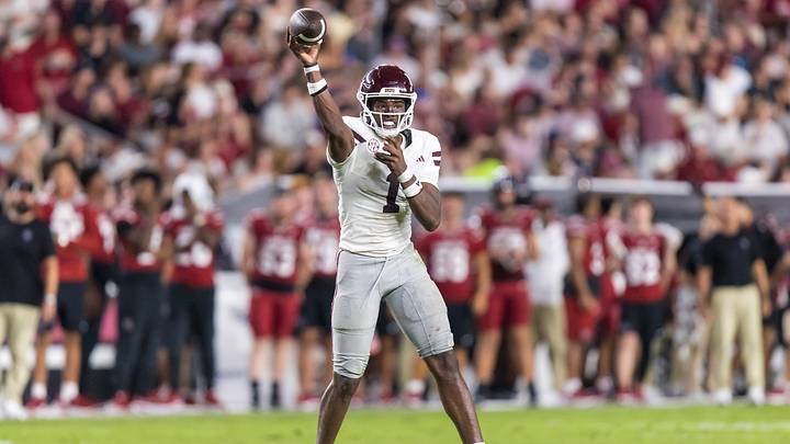 Sep 19, 2026; Columbia, South Carolina, USA; Mississippi State Bulldogs quarterback Kamario Taylor (1) passes against the South Carolina Gamecocks in the second half at Williams-Brice Stadium. Mandatory Credit: Jeff Blake-Imagn Images Sep 19, 2026; Columbia, South Carolina, USA; Mississippi State Bulldogs quarterback Kamario Taylor (1) passes against the South Carolina Gamecocks in the second half at Williams-Brice Stadium. Mandatory Credit: Jeff Blake-Imagn Images