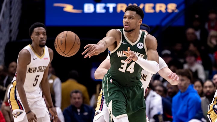 Mar 28, 2024; New Orleans, Louisiana, USA: Milwaukee Bucks forward Giannis Antetokounmpo (34) passes the ball against the New Orleans Pelicans during the second half at Smoothie King Center. Mandatory Credit: Stephen Lew-Imagn Images