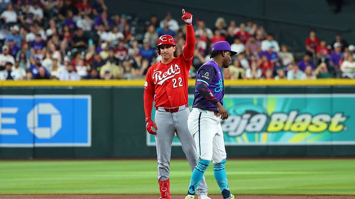 Aug 22, 2026; Phoenix, Arizona, USA;  Cincinnati Reds outfielder JJ Bleday (22) points to the dugout after an RBI double against the Arizona Diamondbacks in the first inning at Chase Field.  Mandatory Credit: Anna Carrington-Imagn Images