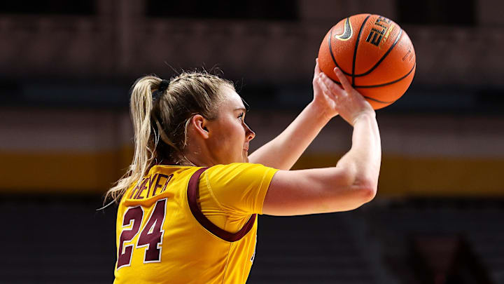 Feb 20, 2024; Minneapolis, Minnesota, USA; Minnesota Golden Gophers forward Mallory Heyer (24) shoots against the Wisconsin Badgers during the first half at Williams Arena. Mandatory Credit: Matt Krohn-Imagn Images Feb 20, 2024; Minneapolis, Minnesota, USA; Minnesota Golden Gophers forward Mallory Heyer (24) shoots against the Wisconsin Badgers during the first half at Williams Arena. Mandatory Credit: Matt Krohn-Imagn Images