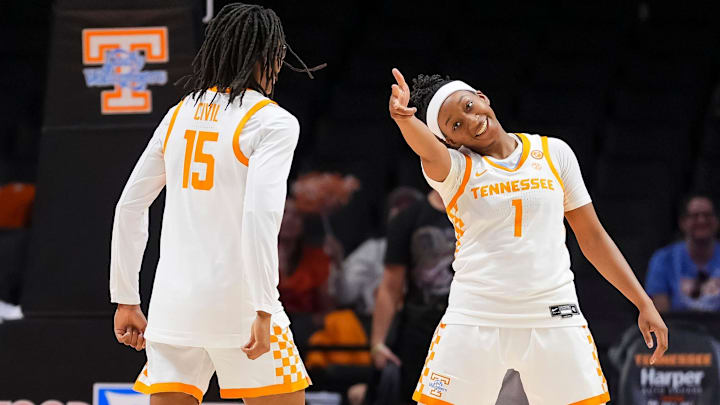 Tennessee guard Nya Robertson (1) celebrates with Tennessee guard Jaida Civil (15) after hitting a 3-pointer during a women's college basketball game between the Lady Vols and Coppin State held at Thompson-Boling Arena at Food City Center in Knoxville, Tenn., on Nov. 23, 2025.