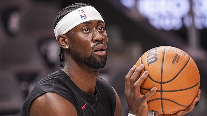 Mar 14, 2025; Atlanta, Georgia, USA; Atlanta Hawks guard Caris LeVert (3) warms up on the court prior to the game against the LA Clippers at State Farm Arena. Mandatory Credit: Dale Zanine-Imagn Images