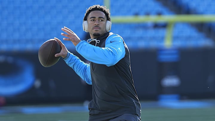Dec 22, 2024; Charlotte, North Carolina, USA;  Carolina Panthers quarterback Bryce Young (9) during pregame warmups against the Arizona Cardinals at Bank of America Stadium. Mandatory Credit: Jim Dedmon-Imagn Images