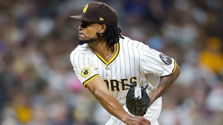 Jul 5, 2025; San Diego, California, USA; San Diego Padres relief pitcher Eduarniel Nunez (79) throws a pitch during the seventh inning against the Texas Rangers at Petco Park. Mandatory Credit: David Frerker-Imagn Images