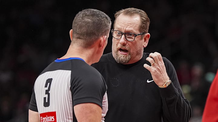 Mar 10, 2025; Atlanta, Georgia, USA; Philadelphia 76ers head coach Nick Nurse reacts to official Nick Buchert (3) during the game against the Atlanta Hawks during the second half at State Farm Arena. Mandatory Credit: Dale Zanine-Imagn Images Mar 10, 2025; Atlanta, Georgia, USA; Philadelphia 76ers head coach Nick Nurse reacts to official Nick Buchert (3) during the game against the Atlanta Hawks during the second half at State Farm Arena. Mandatory Credit: Dale Zanine-Imagn Images