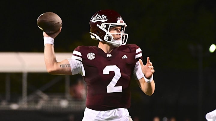 Sep 14, 2024; Starkville, Mississippi, USA; Mississippi State Bulldogs quarterback Blake Shapen (2) makes a pass against the Toledo Rockets during the fourth quarter at Davis Wade Stadium at Scott Field. Mandatory Credit: Matt Bush-Imagn Images