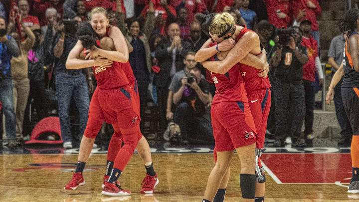Oct 10, 2019; Washington, DC, USA; Washington Mystics players celebrate after defeating the Connecticut Sun to win game five of the 2019 WNBA Finals at Entertainment and Sports Ar. Mandatory Credit: Brad Mills-Imagn Images