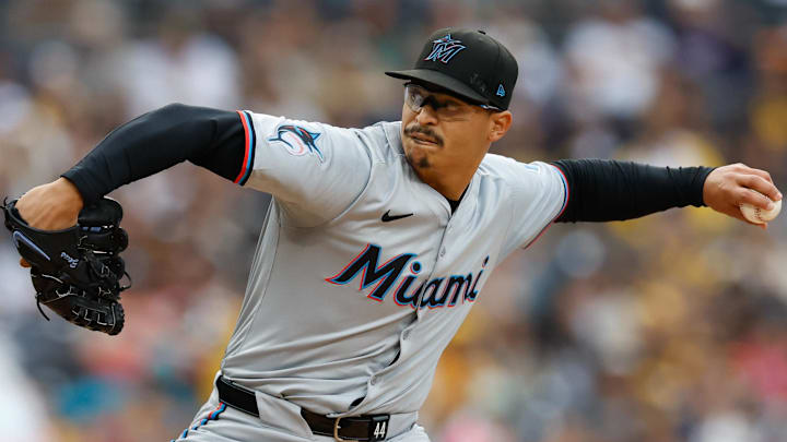 May 28, 2024; San Diego, California, USA; Miami Marlins starting pitcher Jesus Luzardo (44) throws a pitch during the first inning against the San Diego Padres  at Petco Park.