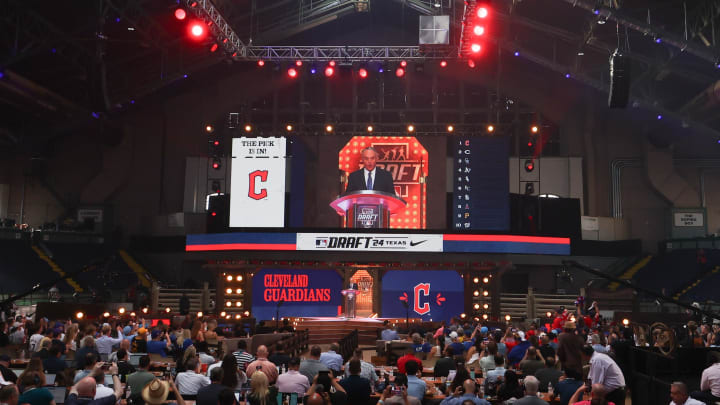 Jul 14, 2024; Ft. Worth, TX, USA;  MLB Commissioner Rob Manfred announces Minnesota Twins draft pick Travis Bazzana as the first pick during the first round of the MLB Draft at Cowtown Coliseum. Mandatory Credit: Kevin Jairaj-USA TODAY Sports