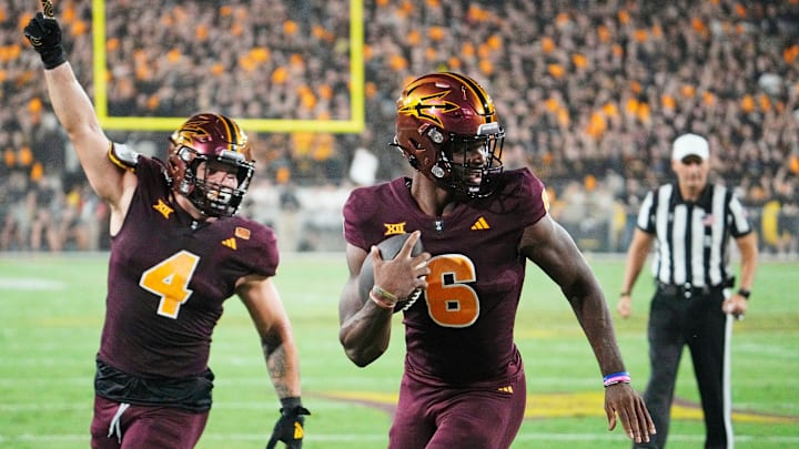 Arizona State backup quarterback Jeff Sims (6) runs for a touchdown in the Sun Devils 27-19 win over the Utah Utes on Oct. 11, 2024.