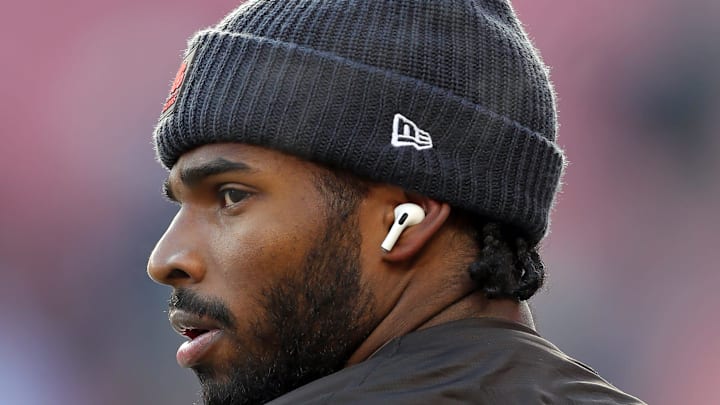 Cleveland Browns quarterback Shedeur Sanders (12) takes the field before an NFL football game at Huntington Bank Field, Dec. 21, 2025, in Cleveland, Ohio.