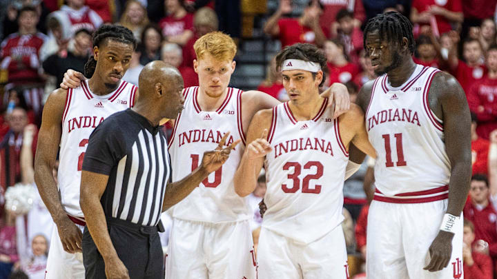 Indiana's Trey Galloway (32) talks with a referee during the Indiana versus Illinois men's basketball game at Simon Skjodt Assembly Hall on Tuesday, Jan. 14, 2025.