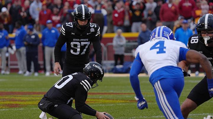 Iowa State's Kyle Konrardy (97) kicks the ball for a field goal against BYU during the third quarter at Jack Trice Stadium on Oct. 25, 2025, in Ames, Iowa. Iowa State's Kyle Konrardy (97) kicks the ball for a field goal against BYU during the third quarter at Jack Trice Stadium on Oct. 25, 2025, in Ames, Iowa.