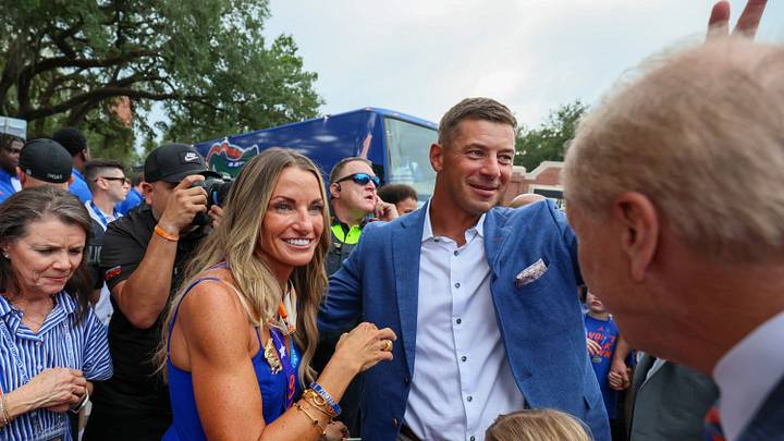 Florida head coach Jon Sumrall gets a hug from his wife Ginny during Gator Walk before an NCAA football game at Steve Spurrier Field at Ben Hill Griffin Stadium in Gainesville, FL on Saturday, September 5, 2026. [Alan Youngblood/Gainesville Sun]