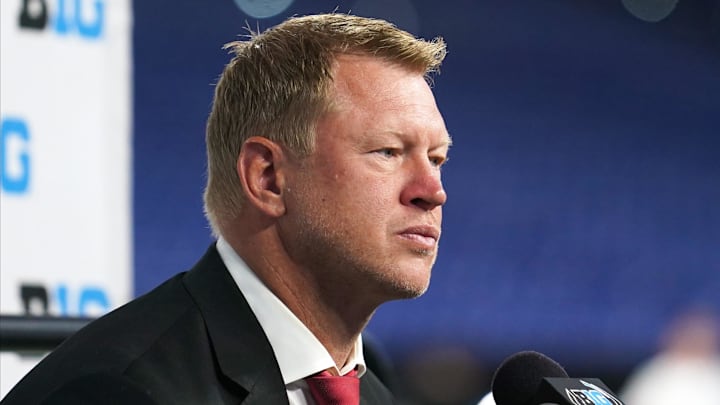 Jul 26, 2022; Indianapolis, IN, USA;  Nebraska Cornhuskers head coach Scott Frost talks to the media during Big 10 football media days at Lucas Oil Stadium. Mandatory Credit: Robert Goddin-Imagn Images