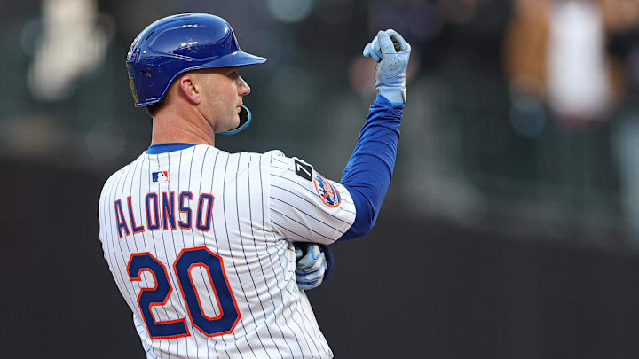 Apr 8, 2025; New York City, New York, USA; New York Mets first baseman Pete Alonso (20) reacts after hitting a three RBI double during the sixth inning against the Miami Marlins at Citi Field. Mandatory Credit: Vincent Carchietta-Imagn Images Apr 8, 2025; New York City, New York, USA; New York Mets first baseman Pete Alonso (20) reacts after hitting a three RBI double during the sixth inning against the Miami Marlins at Citi Field. Mandatory Credit: Vincent Carchietta-Imagn Images