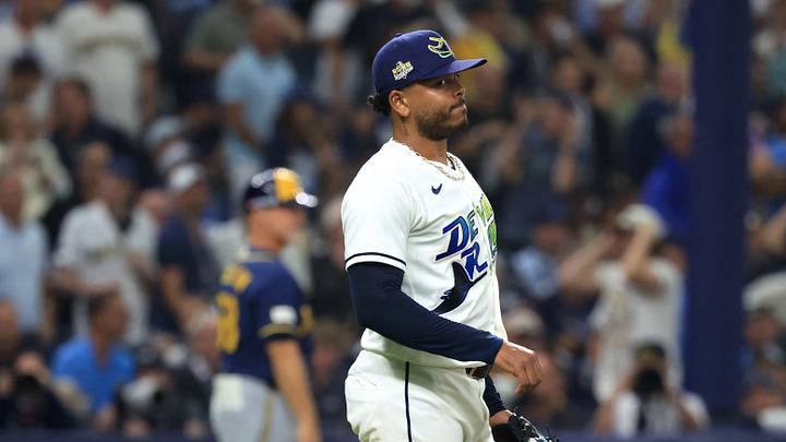 Oct 26, 2026; St. Petersburg, Florida, USA;  Tampa Bay Rays pitcher Freddy Peralta (51) reacts against the Milwaukee Brewers during the fifth inning in game three of the 2026 World Series at Tropicana Field.  Mandatory Credit: Kim Klement Neitzel-Imagn Images