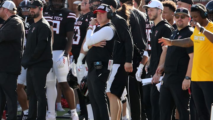 Nov 15, 2025; Lubbock, Texas, USA;  Texas Tech Red Raiders head coach Joey McGuire waits to play to start against the Central Florida Knights at Jones AT&T Stadium. Mandatory Credit: Michael C. Johnson-Imagn Images