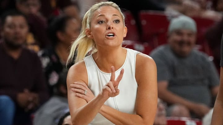ASU Sun Devils head coach Molly Miller yells out to her team as they play the Coppin State Bald Eagles at Desert Financial Arena on Nov. 3, 2025.
