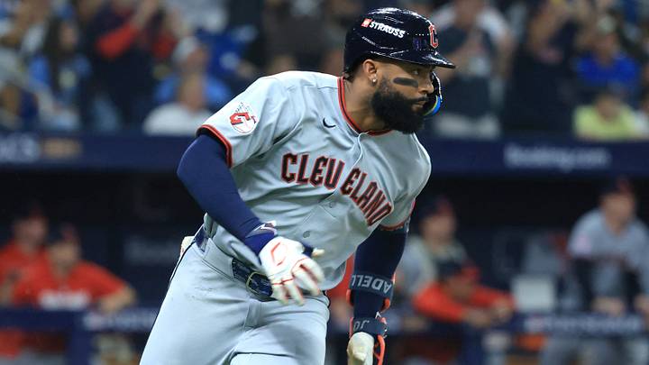 Oct 12, 2026; St. Petersburg, Florida, USA;  Cleveland Guardians outfielder Jo Adell (7) hits a double during the ninth inning against the Tampa Bay Rays at Tropicana Field.  Mandatory Credit: Kim Klement Neitzel-Imagn Images
