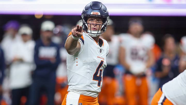 Aug 14, 2026; Atlanta, Georgia, USA; Denver Broncos quarterback Sam Ehlinger (4) in action against the Atlanta Falcons in the fourth quarter at Mercedes-Benz Stadium. Aug 14, 2026; Atlanta, Georgia, USA; Denver Broncos quarterback Sam Ehlinger (4) in action against the Atlanta Falcons in the fourth quarter at Mercedes-Benz Stadium.